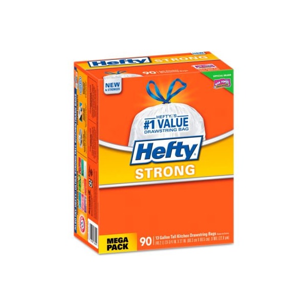 Reynolds Hefty Strong Tall Kitchen Drawstring Trash Bags - White, 13 Gal, 0.9 Mil, 90/Box - RFPE84574 - main